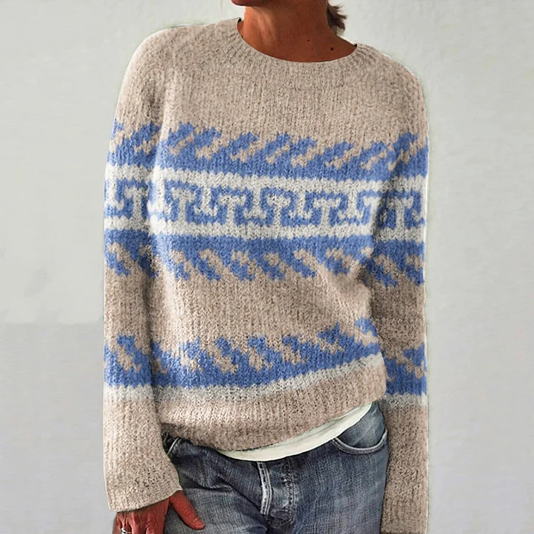 Greek Key Pattern Cozy Knit Pullover Sweater