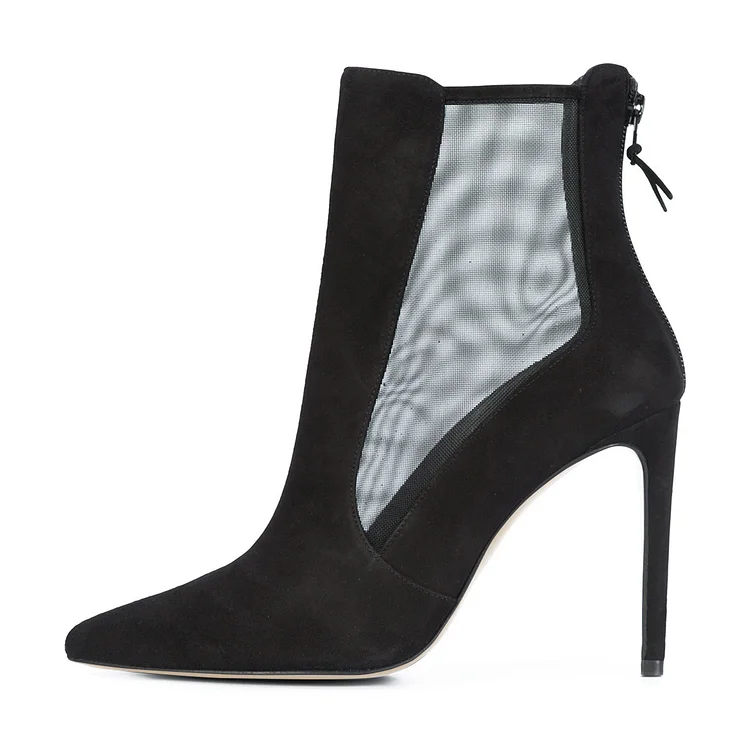 Black Suede and Net Women's Dress Boots Pointy Toe Stiletto Heel Boots |FSJ Shoes