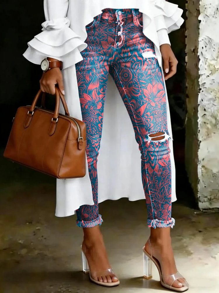 Women's Vintage Floral Totem Print Casual High-waisted Ripped Skinny Jeans