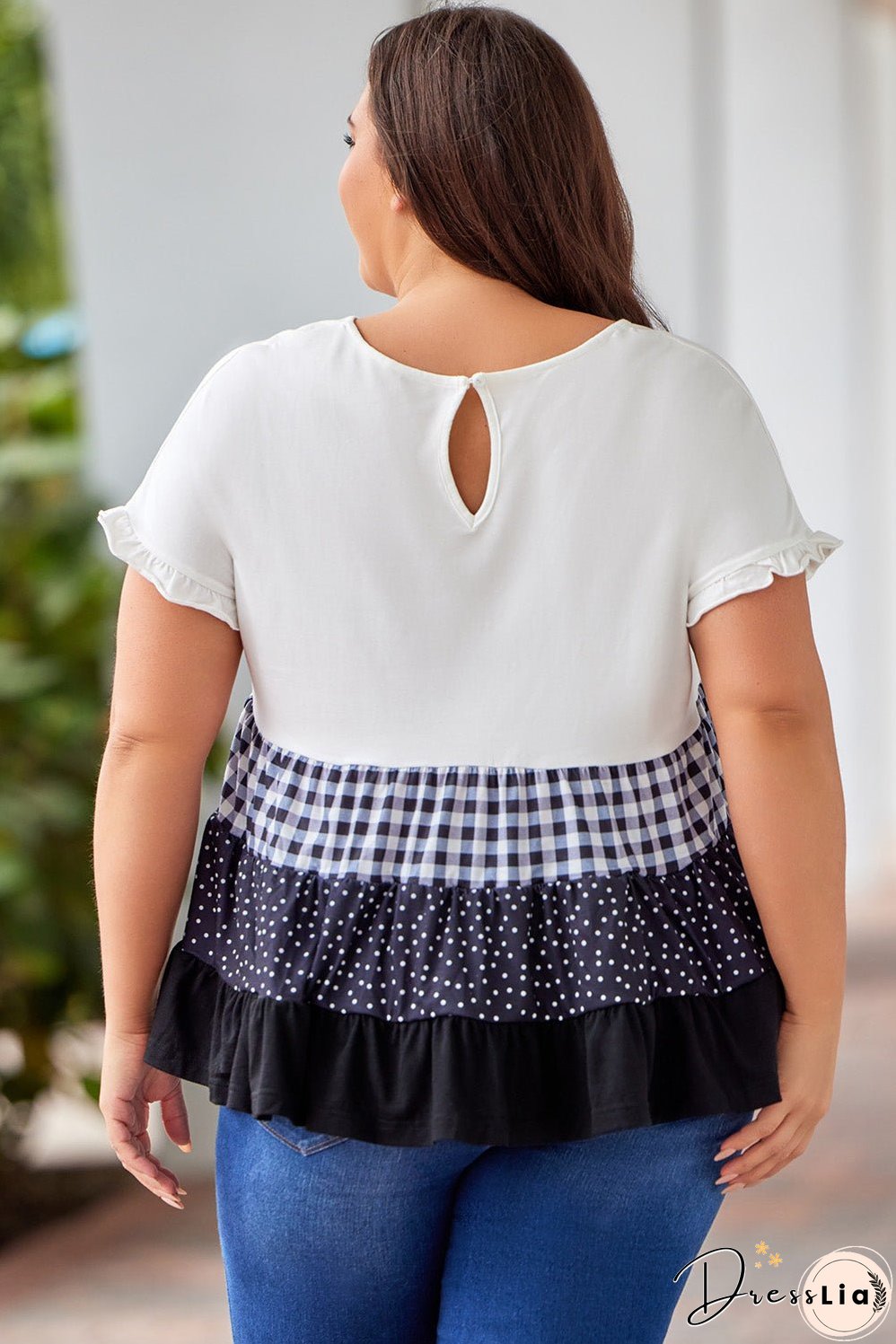 Plus Size Plaid Color Block Tiered Blouse