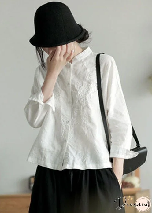 Handmade White Stand Collar Embroideried Cotton Shirts Spring