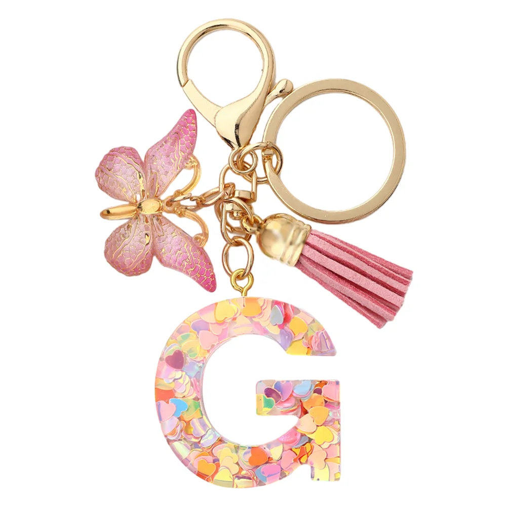 Resin Initial Letter Keychains Alphabet Letter Keychain Pink Tassel Butterfly Key Ring
