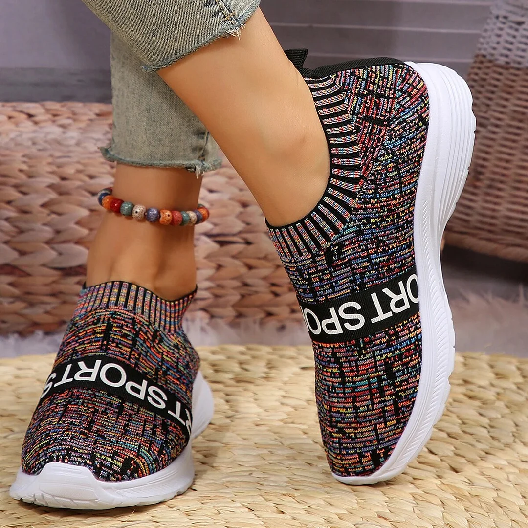 Breakj Women's Lightweight Casual Walking Shoes Fashion Striped Knitted Platform Sneakers Women Slip-On Breathable Mesh Flats Plus Size