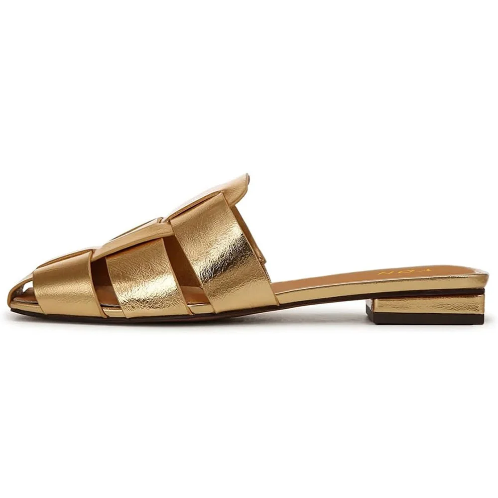 Gold Metallic Finish Square Toe Woven Flat Mule Shoes for Women