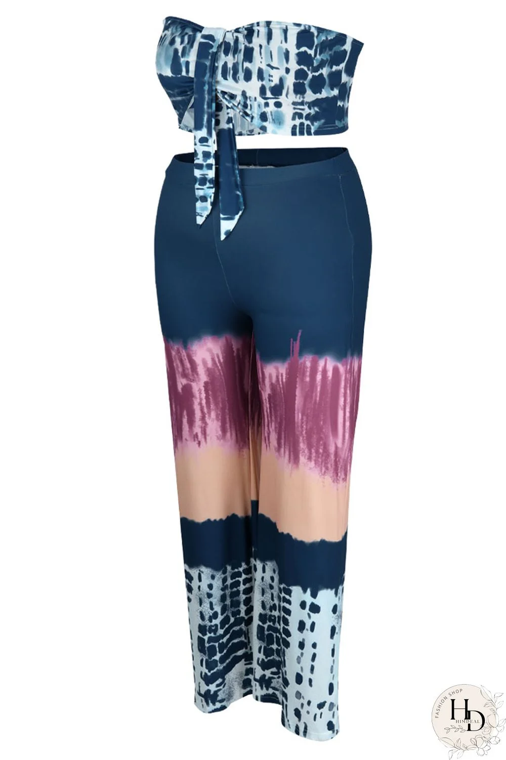 Pink Sexy Print Patchwork Strapless Plus Size Two Pieces