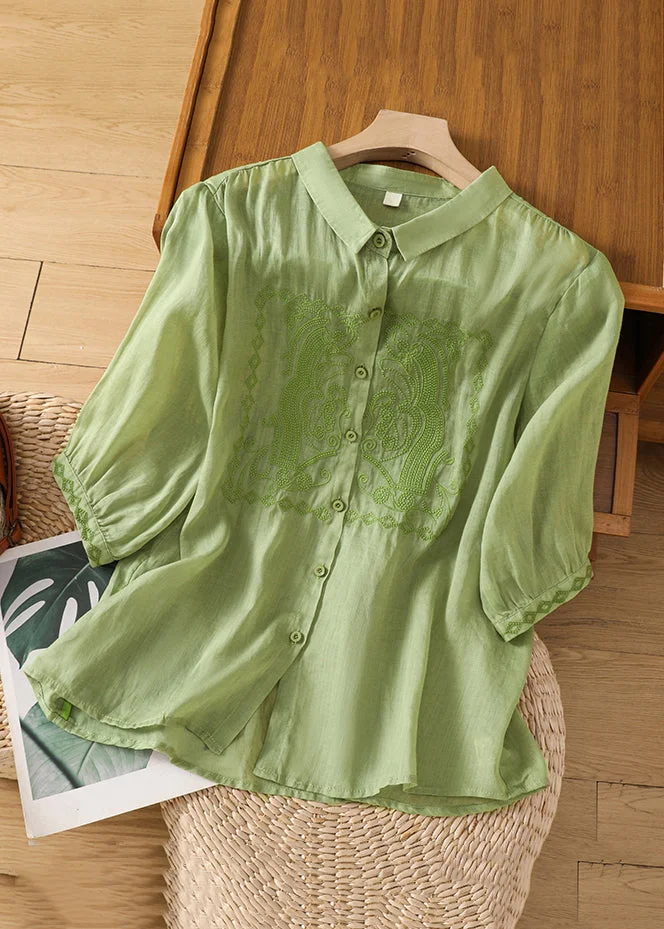 New Green Embroidered Button Linen Blouse Half Sleeve