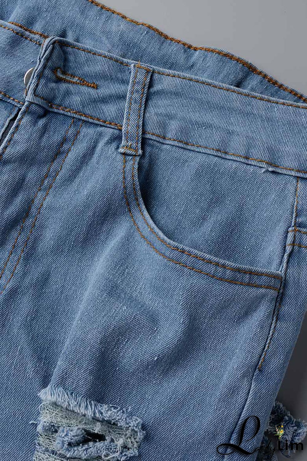 Blue Fashion Casual Solid Ripped High Waist Skinny Denim Shorts