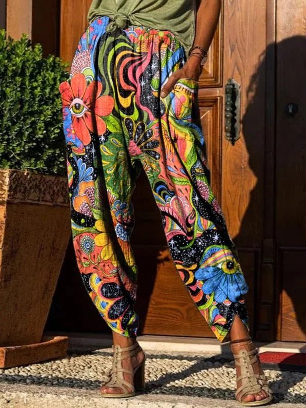 Women's Retro Colorful Eyes Hippie Print Casual Trousers