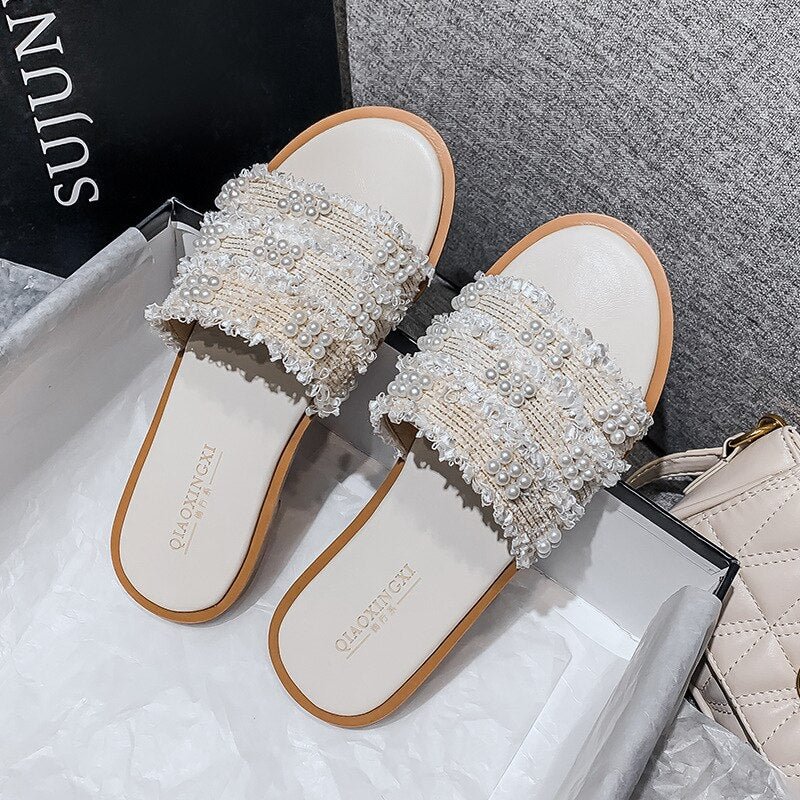 Summer women's sandals 2021 fashion designer outdoor leisure fashion pearl slippers With low shoes for women flat mules41-43size