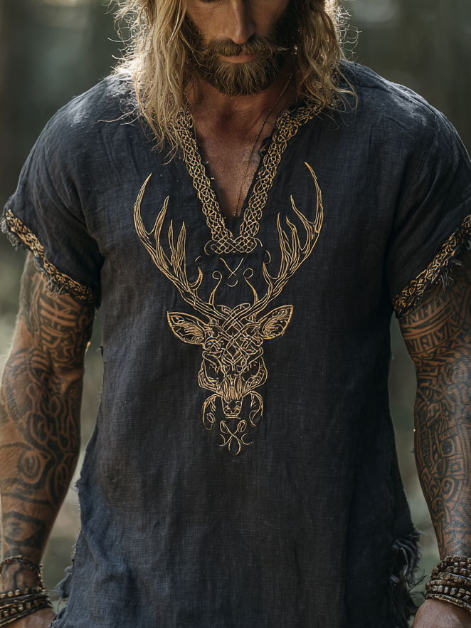 Men's Viking-Inspired Golden Deer Short Sleeve V-Neck Linen T-Shirt / Rvogue / Rvogue