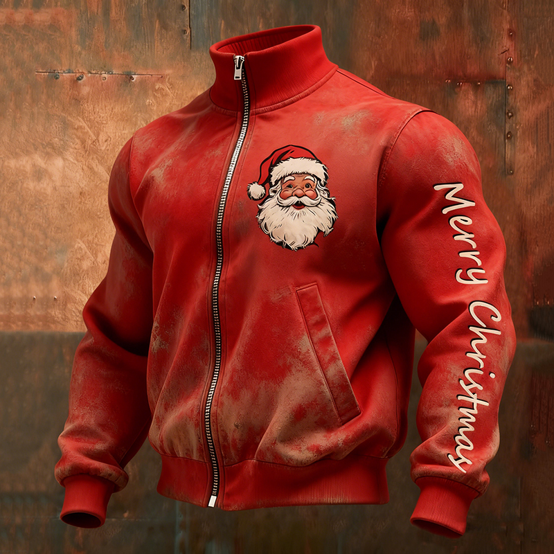 Men's Santa Claus Pattern Zipper And Stand Collar Sweatshirt elevenforest