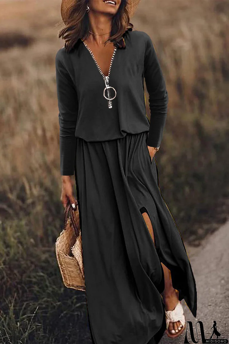 MidiSono - Casual Patchwork Zipper V Neck Irregular Dress Dresses