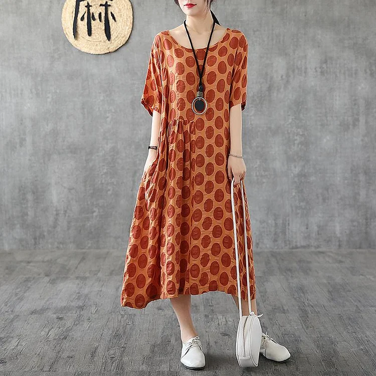 DIY patchwork o neck cotton tunic top Wardrobes brown dotted long Dresses summer