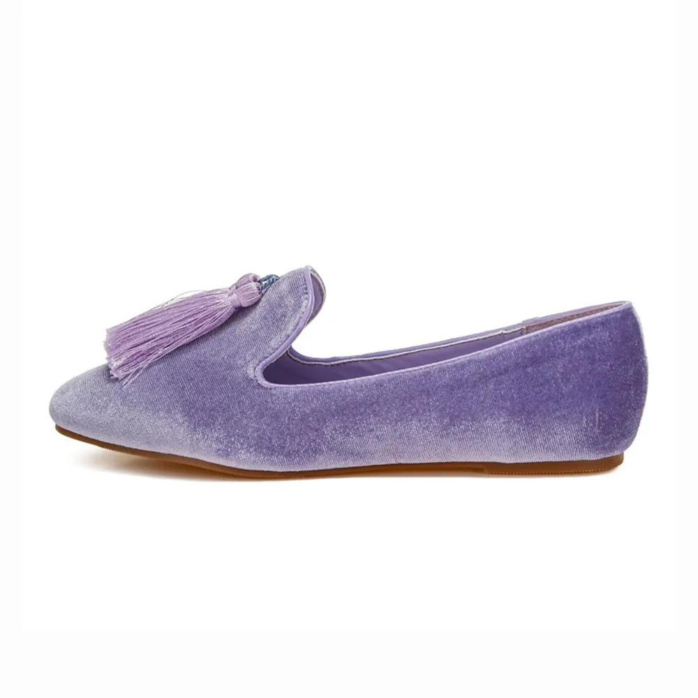 Velvet Tassel Decor Round Toe Loafer Shoes Women in Purple