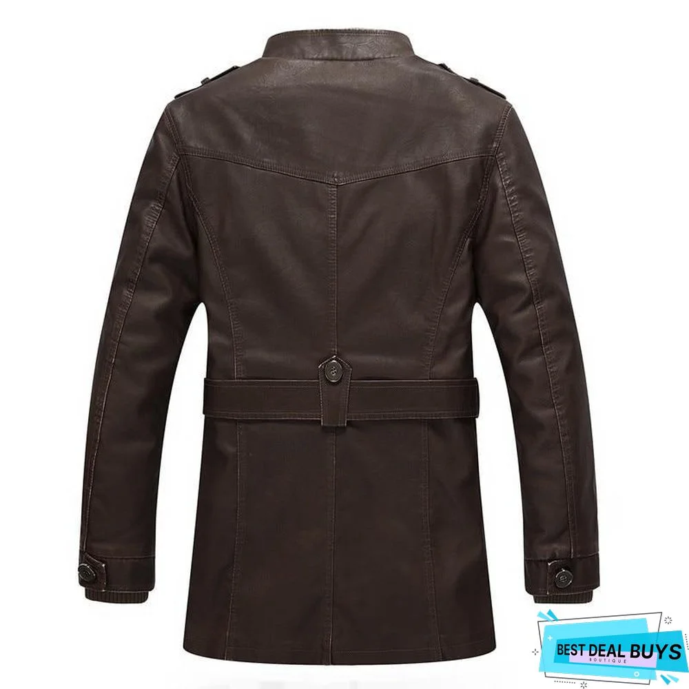 Winter Leather Jacket Mens Casual Warm Mens Long Leather Trench Coat Washed Pu Leather Motorcycle Jacket Plus Size