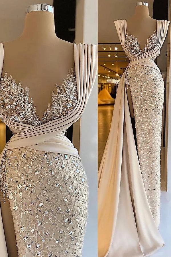 Daisda Sleeveless Deep V-Neck Mermaid Beads Prom Dress