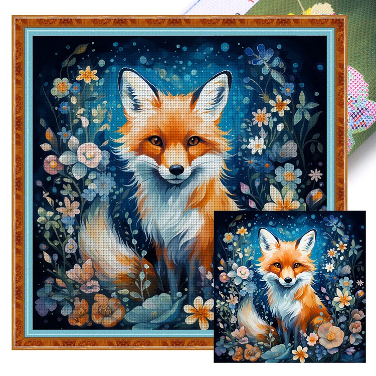 【Huacan Brand】Fox And Flowers 11CT Stamped Cross Stitch 50*50CM(35Colors)
