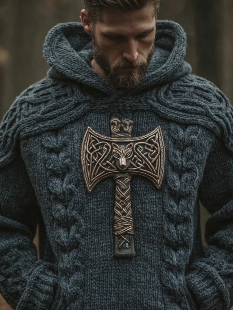 Men's Vintage Viking Thor's Hammer Pattern Long-sleeved Hooded Sweater