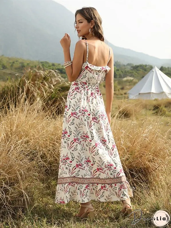 Bohemian Wind Printed Flounced V-neck Suspender Dress