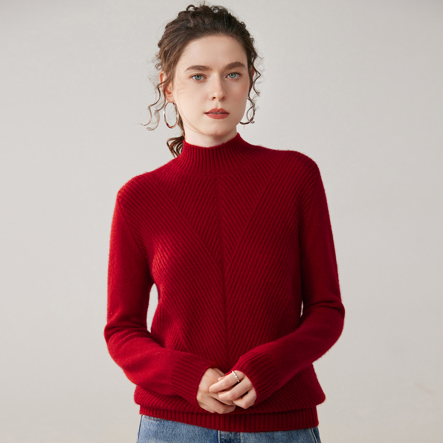 Women's Diamond Pattern Cashmere Sweater | Mock Neck Winter Knit REAL SILK LIFE
