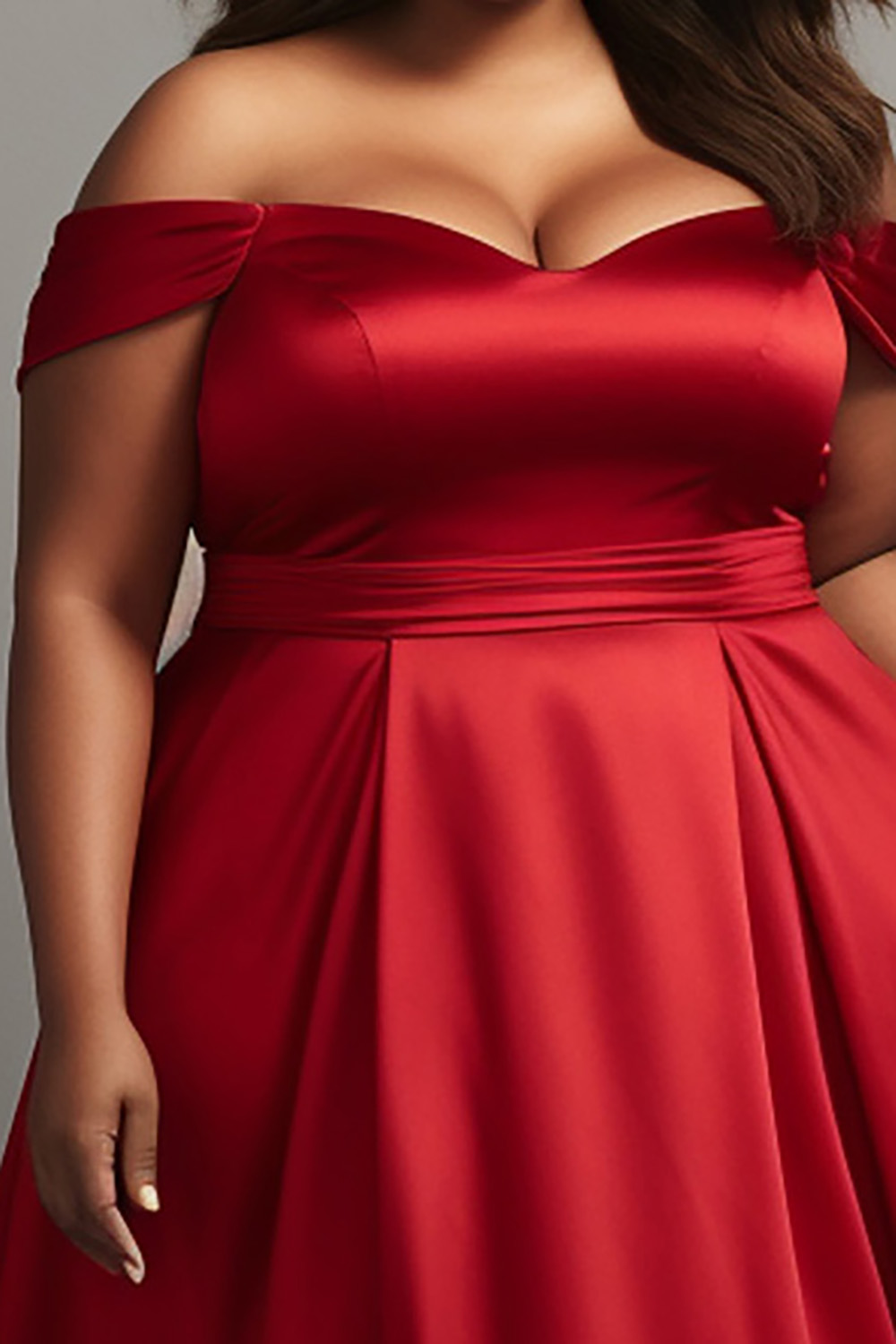 Design Plus Size Formal Elegant Red Off The Shoulder With Pockets Satin Maxi Dresses [Pre-Order]
