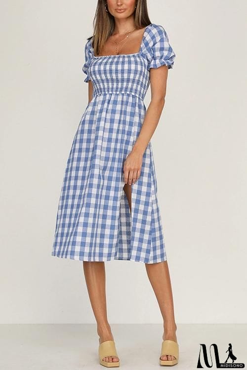 MidiSono - Plaid Square Neck Slit Dress