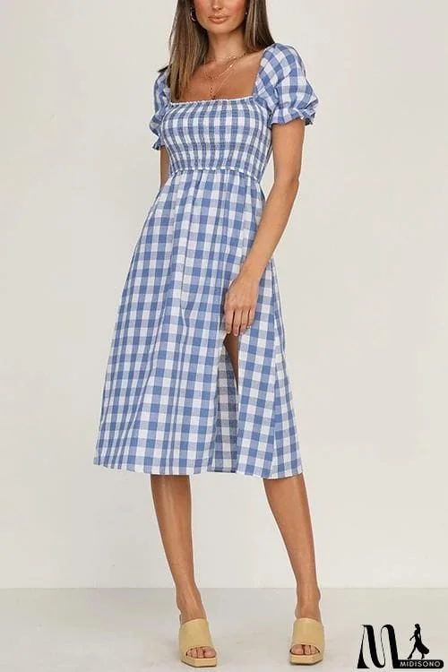 MidiSono - Plaid Square Neck Slit Dress