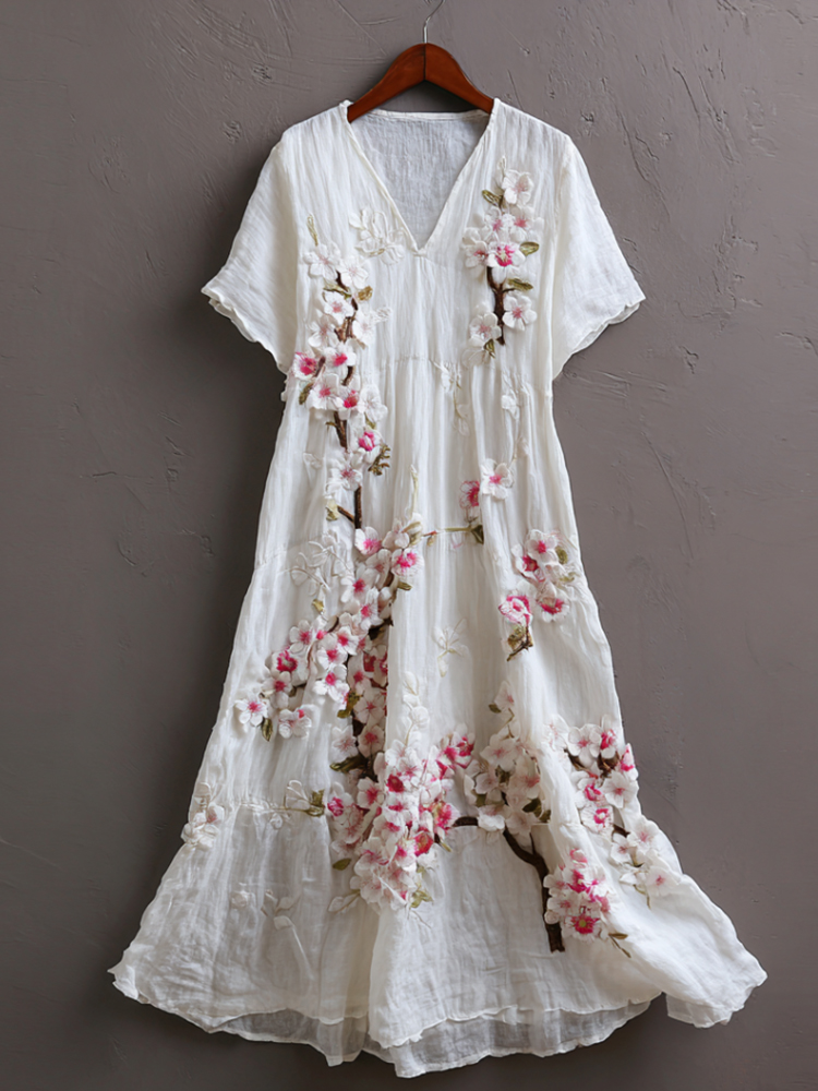 Japanese-style Spring Cherry Blossom Embroidered Cotton Linen Short Sleeve Dress elevenforest