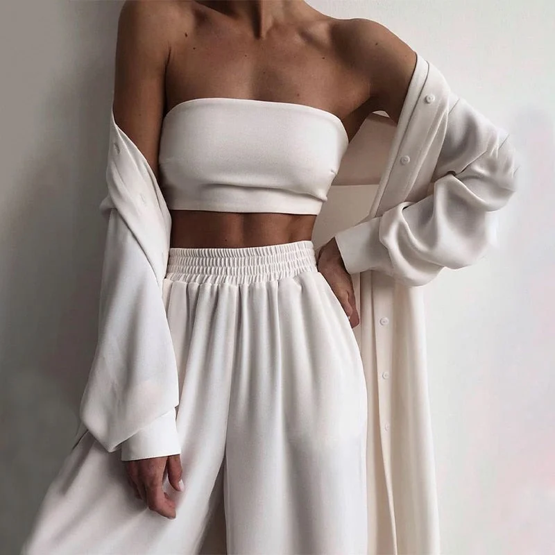 Sexy Women Three Piece Sets Fashion Casual Wrap Solid Tops And Wide Leg Pants Suits Homewear Elegant Soft Female 3 Piece Outfits