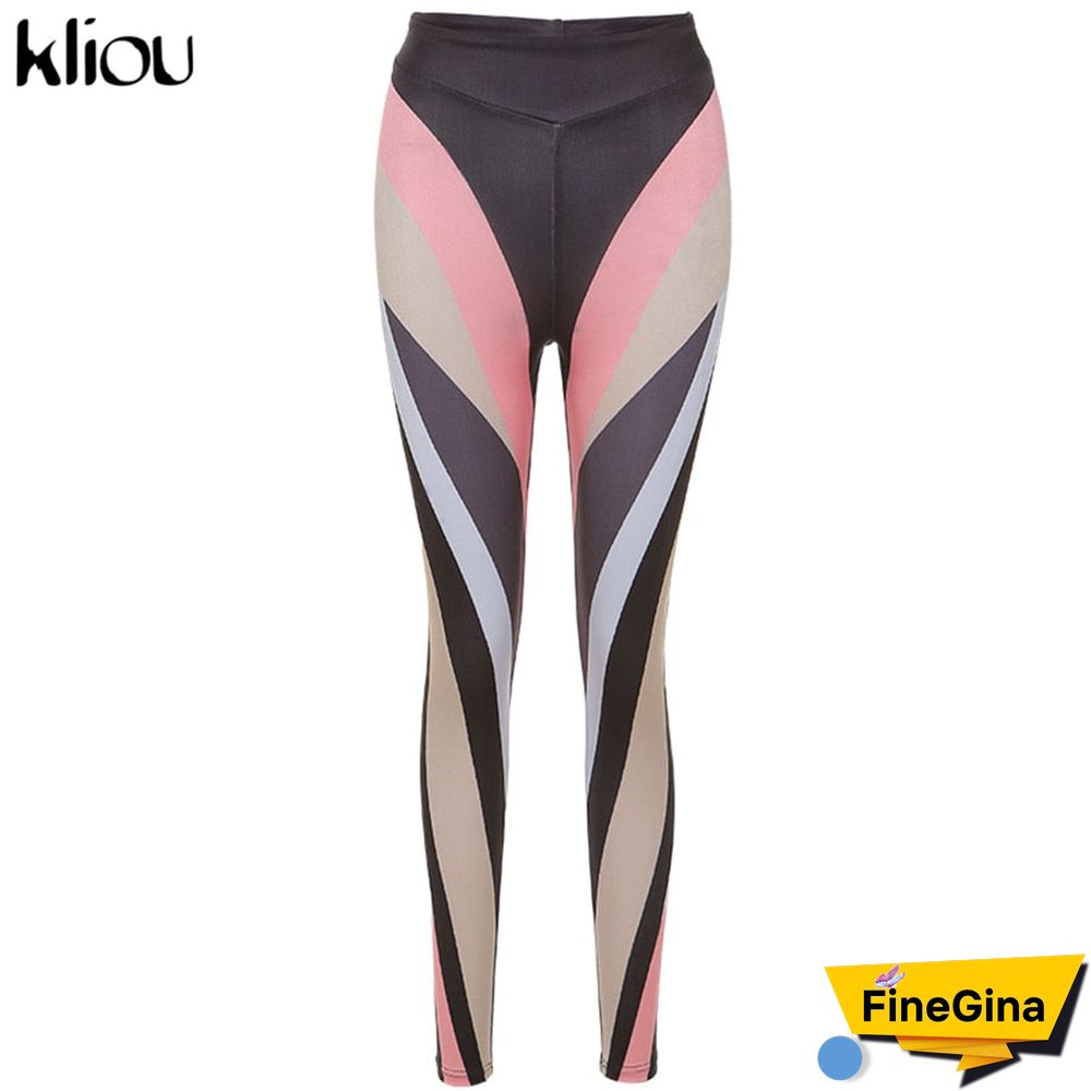 Kliou Color Blocking Women Leggings High Waist Stretchy Skinny Striped Fitness Pants Color Match Streetwear Slim Clothing
