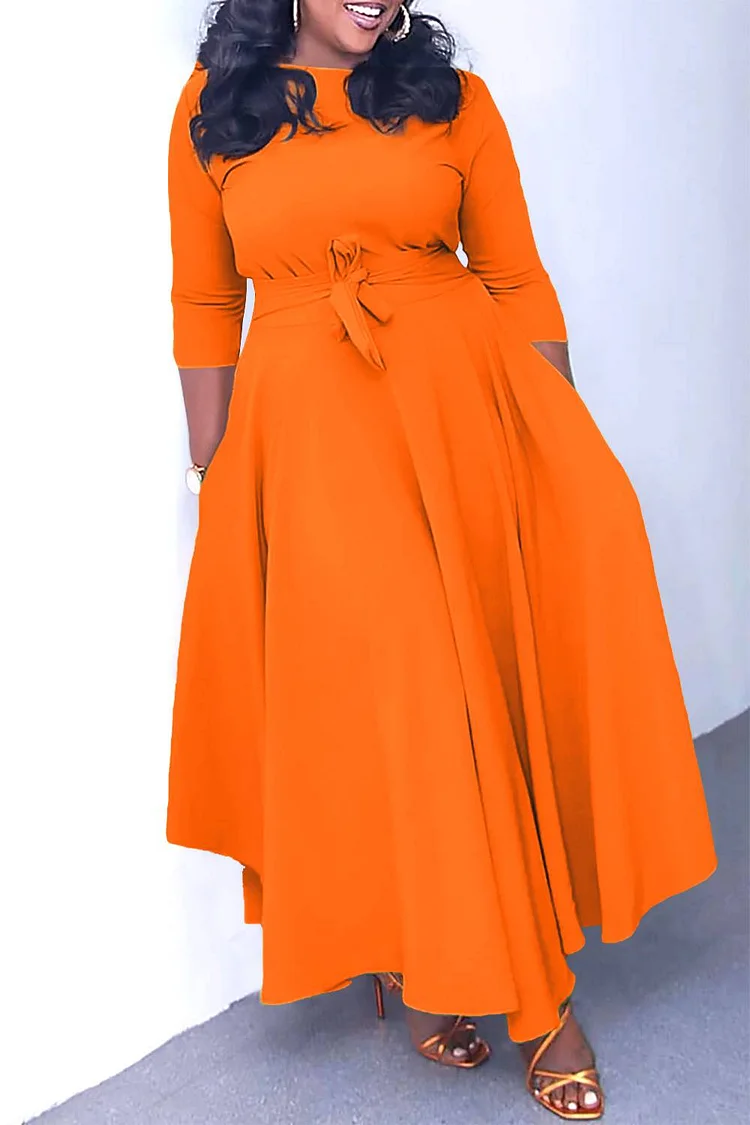 Plus Size Orange Casual Round Neck With Pocket Wrap Maxi Dress