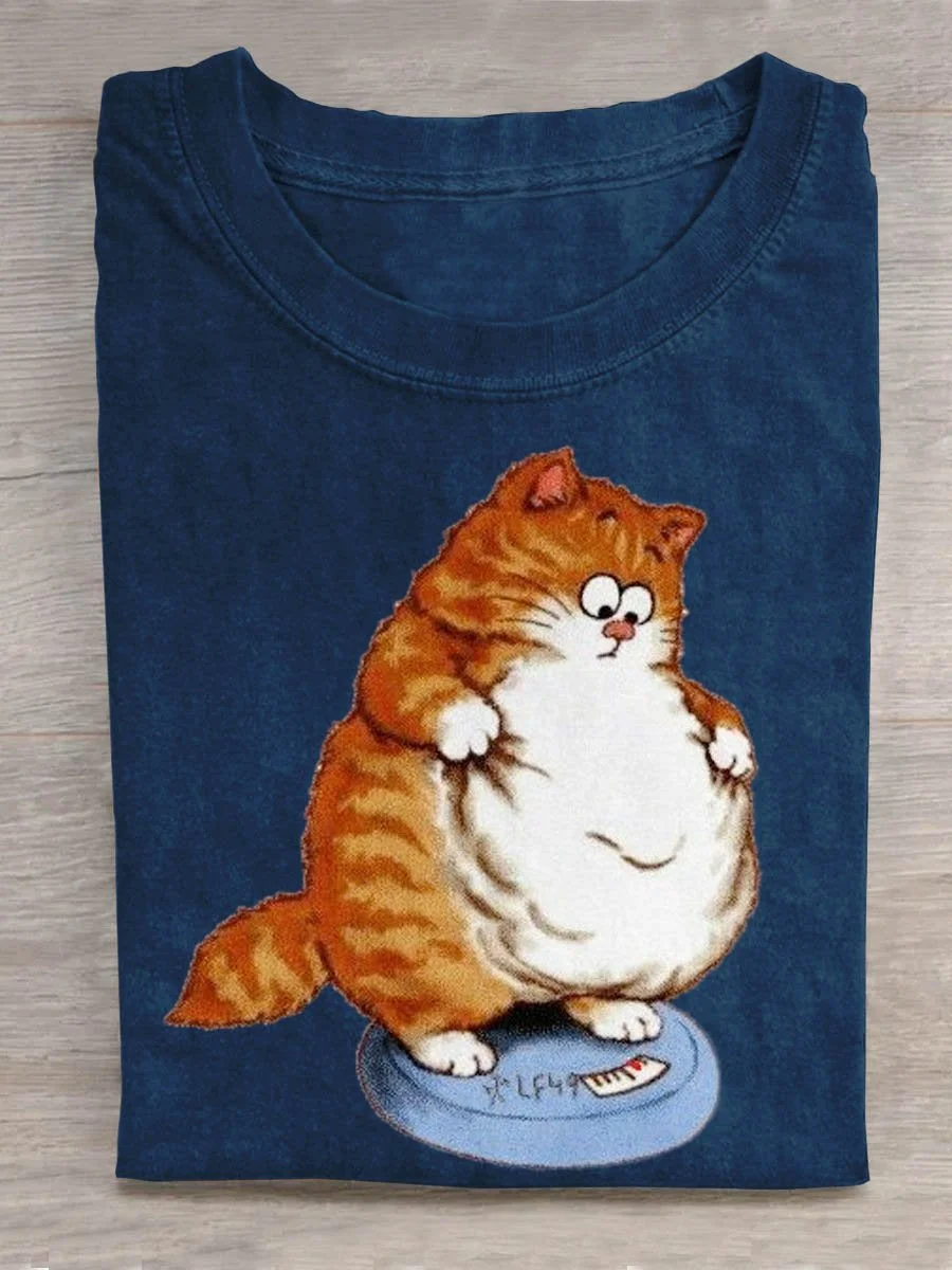 Eagerlys Funny Cat Weighing Art Print Casual T-shirt Eagerlys