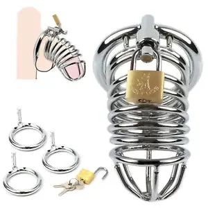 pornhint Pornhint Stainless Steel Male Chastity Device Belt Bird Cage Bondage Restraints Lock Ring