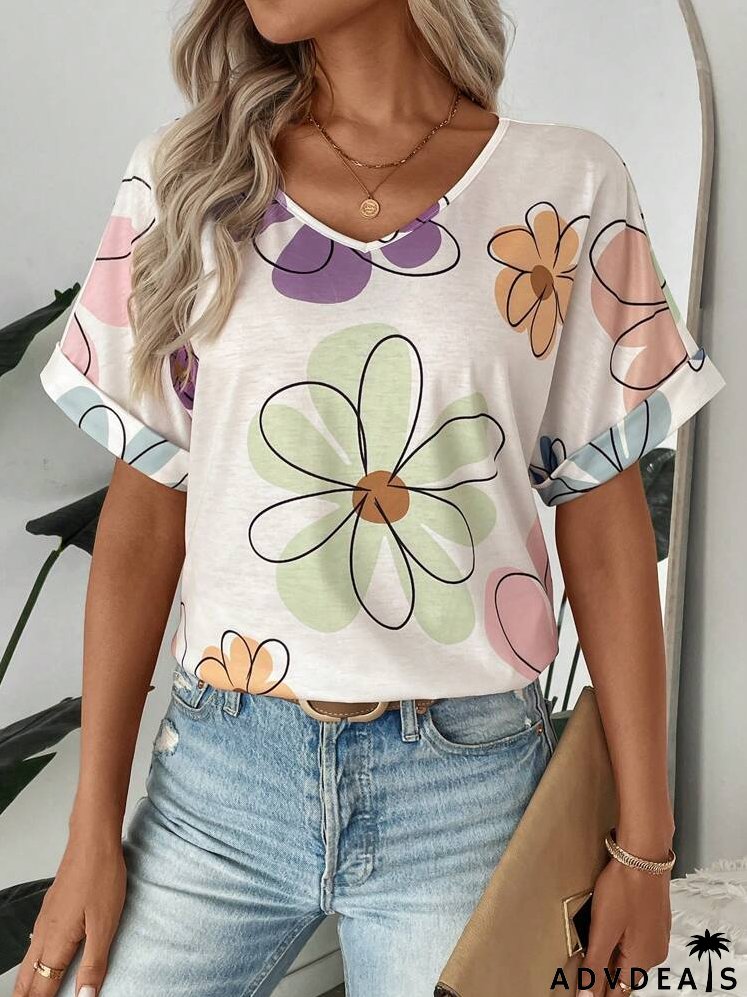 Autumn Casual Street Style Sports & Fashionable Floral Print Women's T-Shirt