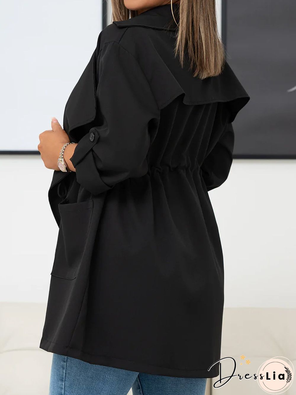 Loose Plain Casual Lapel Collar Trench Plus Size Windbreaker