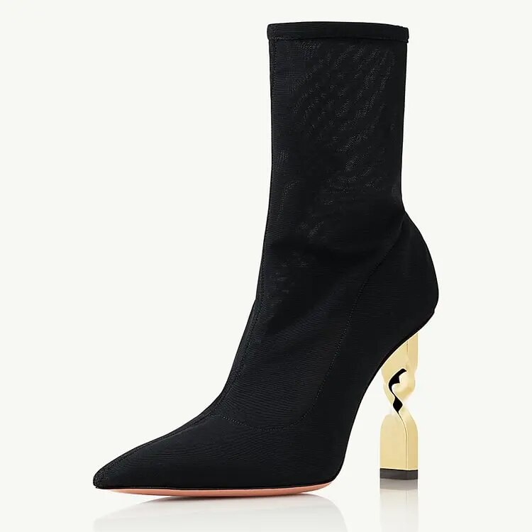 TAAFO Black Pointed Toe Sculptural Heels Women's Elastic Ankle Booties Ladies Shoes