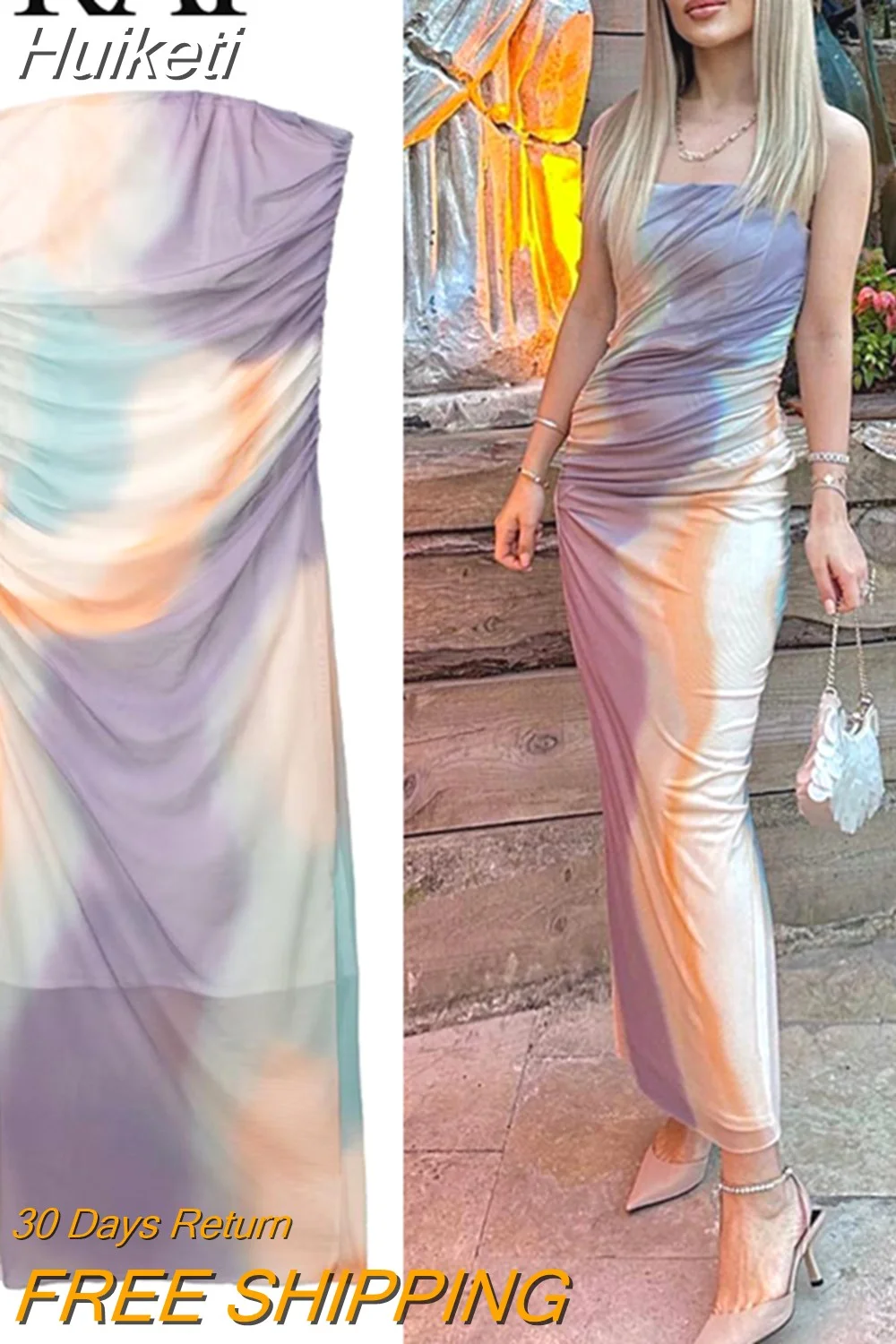 Huiketi 2023 Women Summer New Fashion Tie Dye Printed Pleated Y2k Dress Sleeveless Dresses Casual Slim Mujer Vestiods Streetwear
