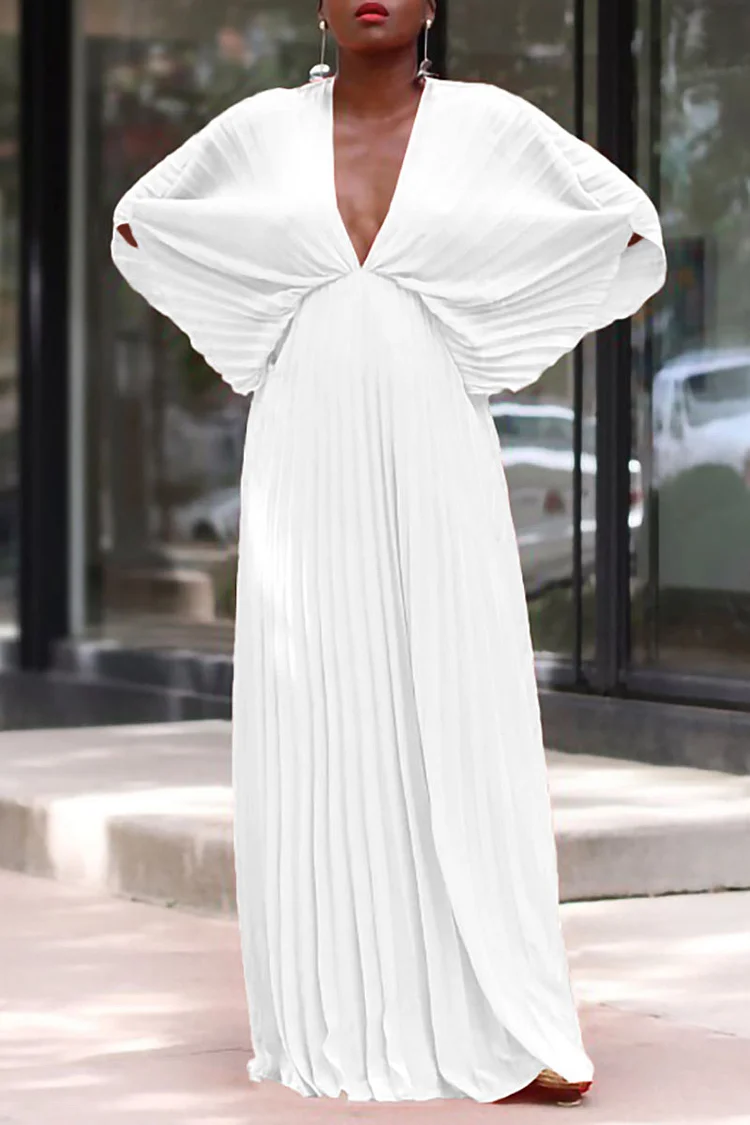 Pleated Deep V Neck Batwing Sleeve A-Line Elegant White Maxi Dresses
