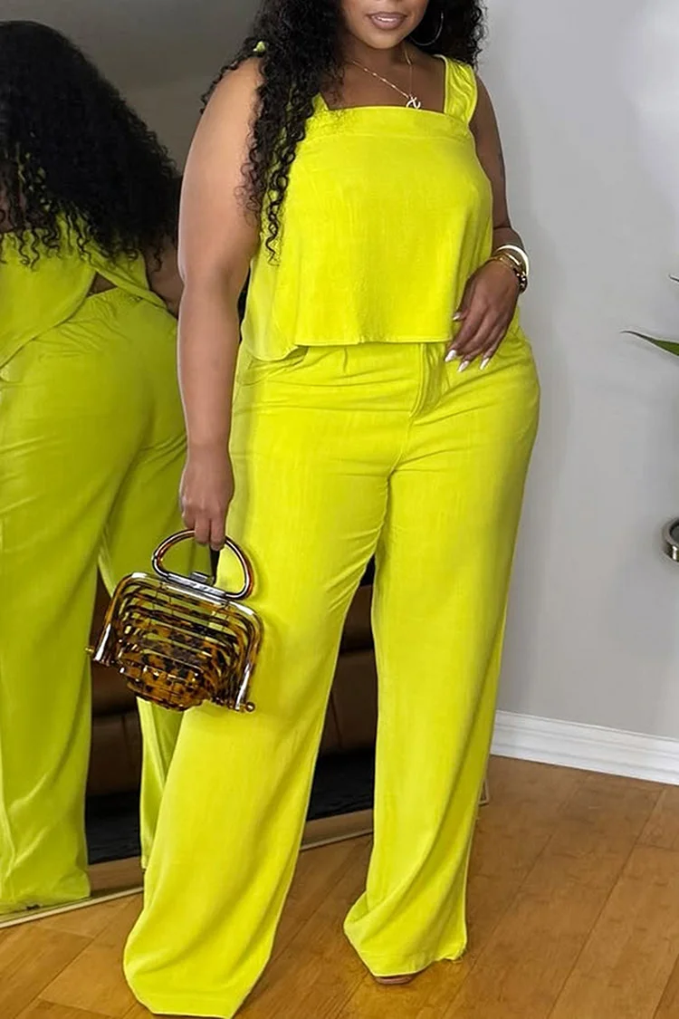 Plus Size Vacation Lime Green Casual Square Neck Pocket Two Piece Pant Sets [Pre-Order] 2024 - Xpluswear