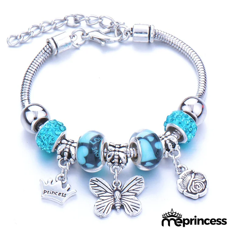 Women Fashion Rhinestone Butterfly Crown Pendant Beaded Bracelet