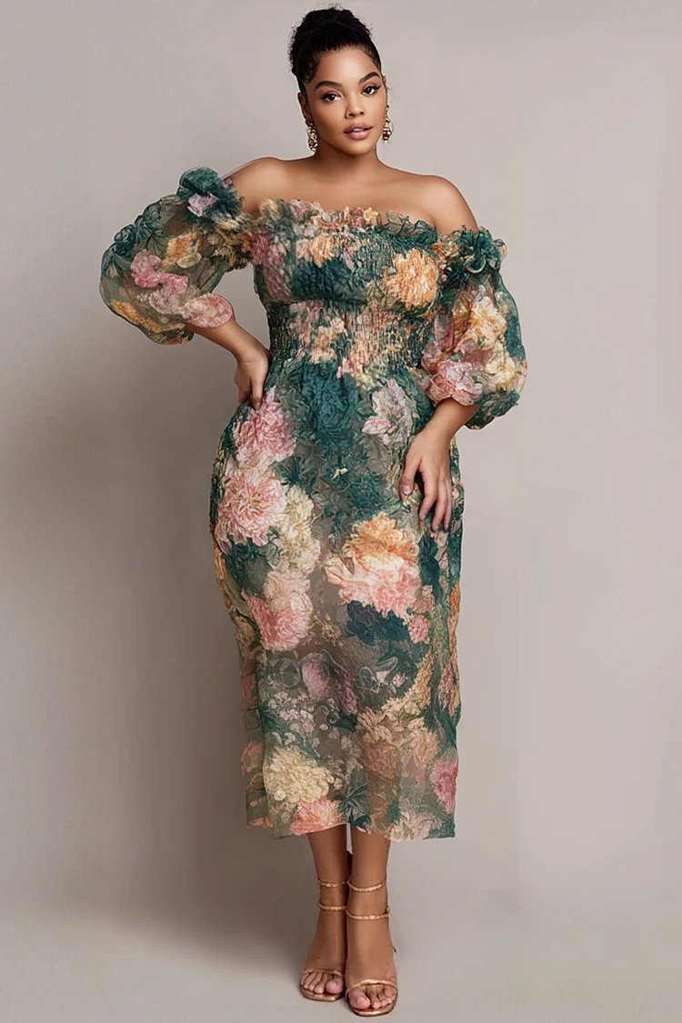 Xpluswear Design Plus Size Wedding Guest Green Floral Off The Shoulder Short Sleeve Smocking Chiffon Midi Dresses [Pre-Order] 2024 - Xpluswear
