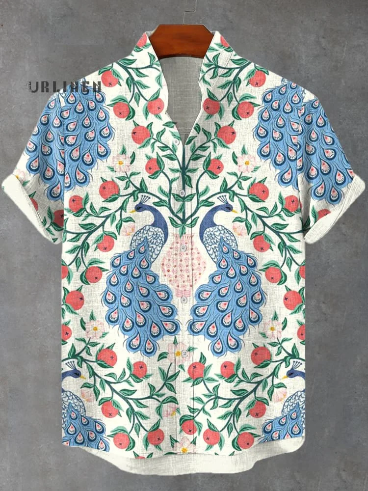 Men's Botanical Flower Peacock Tropical Art Print Short Sleeve 100% Cotton and Linen Shirt