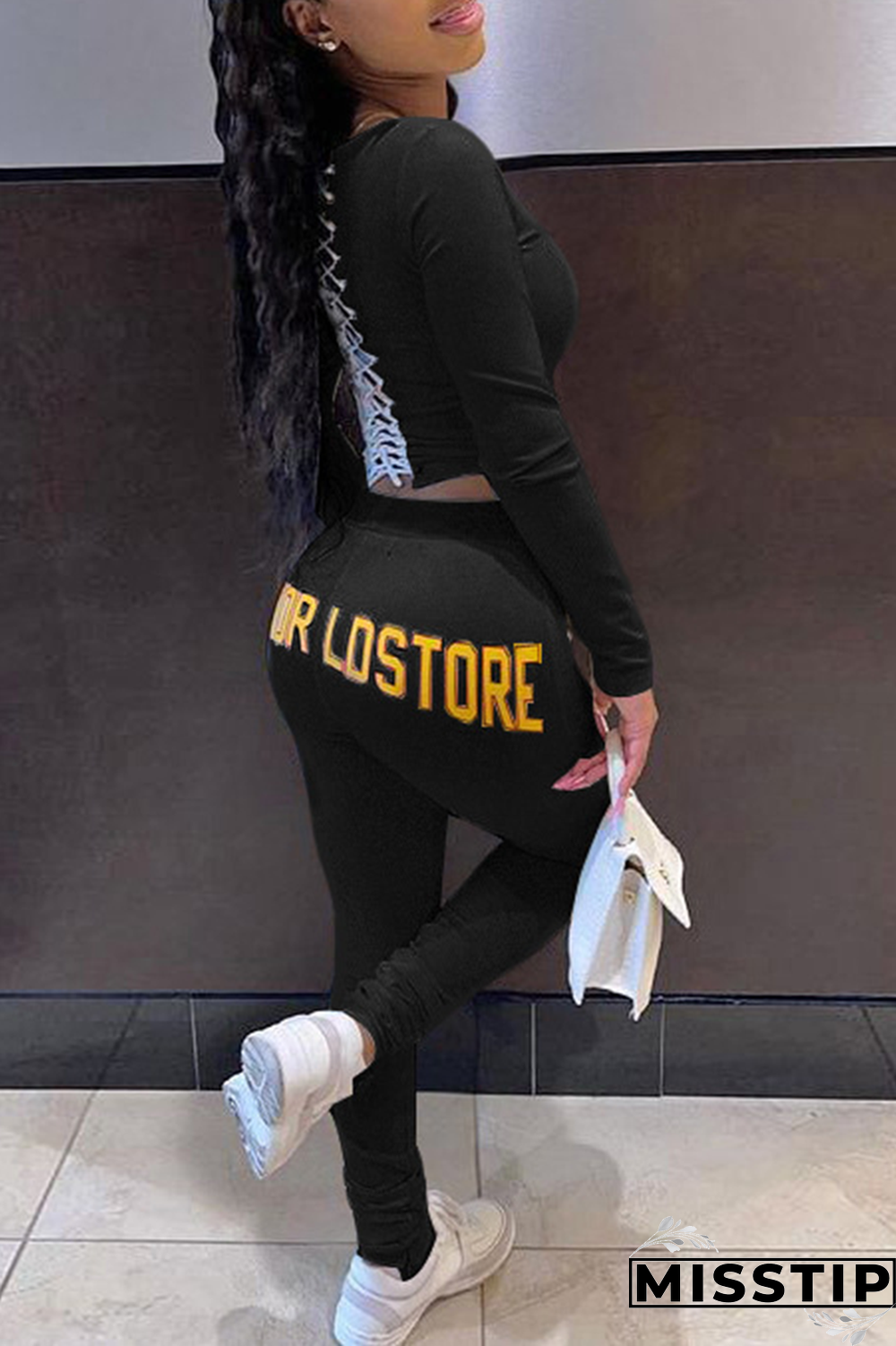 Black Fashion Print Patchwork O Neck Long Sleeve Two Pieces