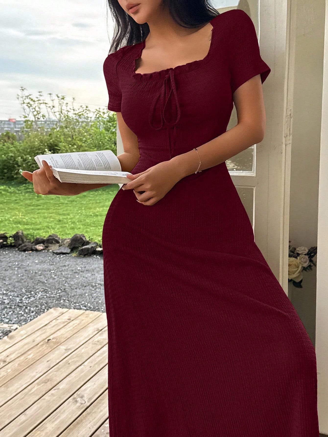 Women's Casual Solid Color Jacquard Gathered Ruffle Trim Square Neck Maxi Loungewear Dress Brown Dress Lounge Dress Summer Dress Tie Front Dress Midi Dress