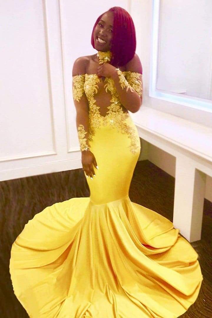 Dresseswow Yellow Long Sleeves Mermaid Prom Dress Lace Appliques