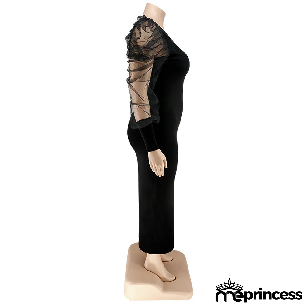 Plus Size Fall Women'S Round Neck Ruched Mesh Long Sleeve Solid Color Long Dress