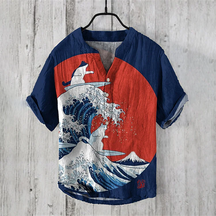 Vintage Japanese Art Cat Surf Painting Wave Print Linen Blend Cozy Shirt