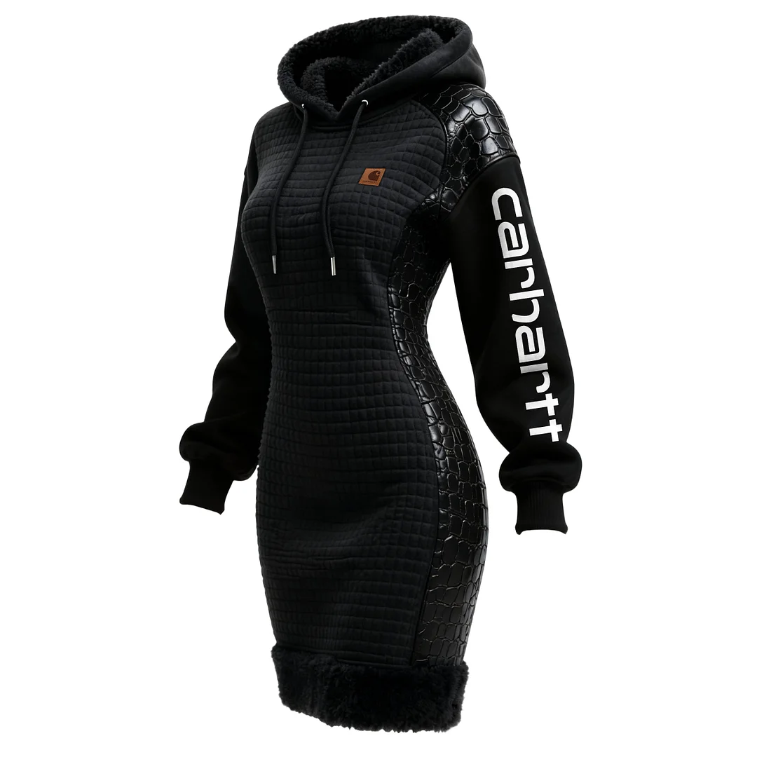 Women's Contrast Color Stitching Suede Lambswool Lapel Hooded Long Sweatshirt