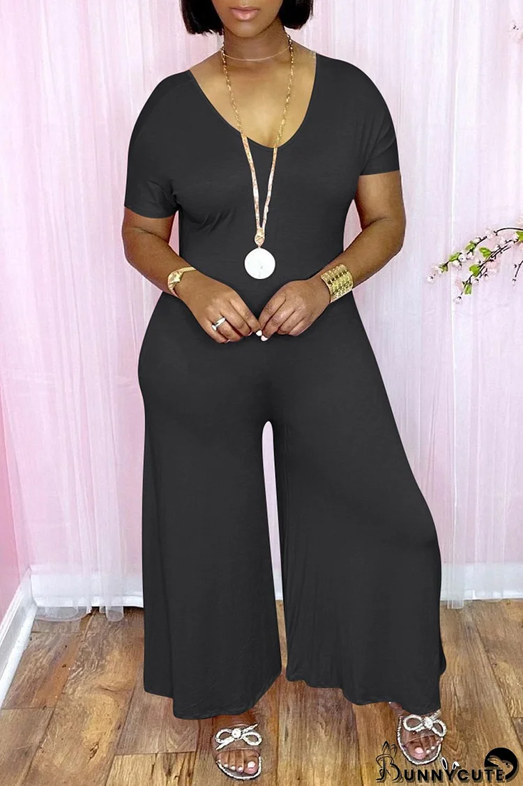 Black Fashion Casual Solid Patchwork V Neck Regular Jumpsuits