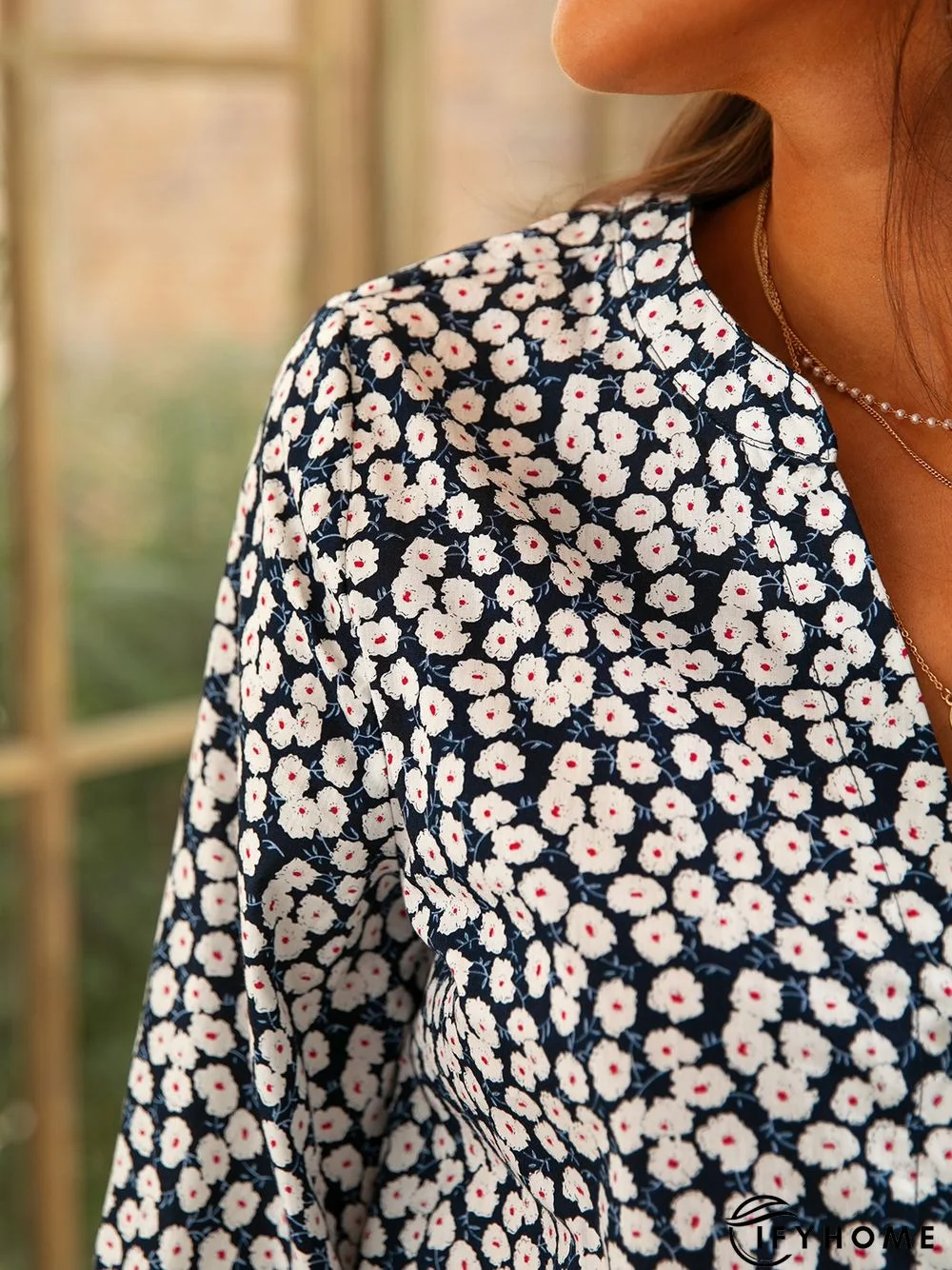 V neck Long Sleeve Floral Cotton Blouse | IFYHOME
